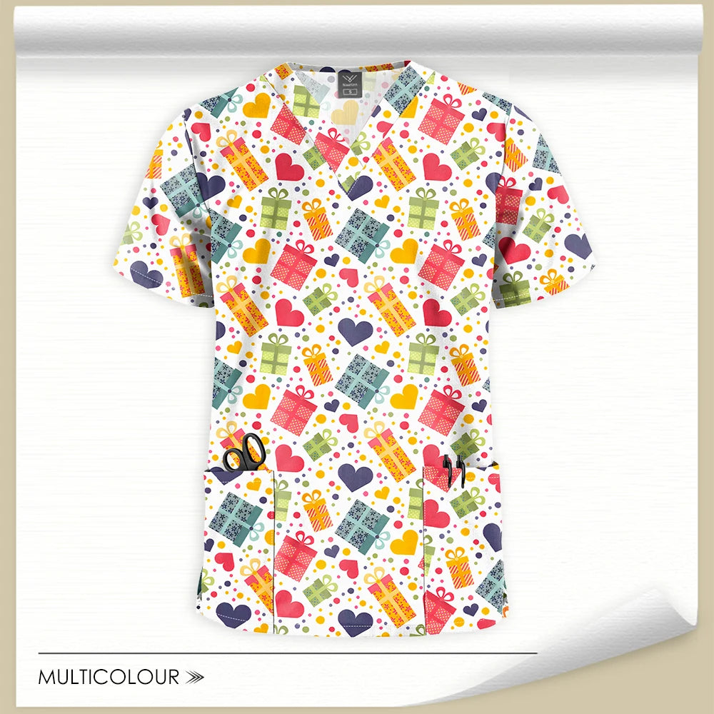 Stretch Cute Cartoon Print Nurse Uniforms Women Men T-shirts Pocket Casual Short Sleeve Pullover V-neck Scrubs Tops Lab Workwear