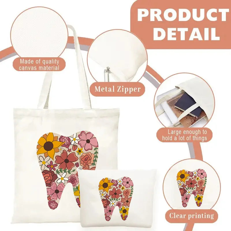 Tooth Dentist Printed Shoulder Bag, Reusable Foldable Shopping Tote Bag Lunch Box Bag Handbag with Wristlet Clutch Bag for Women