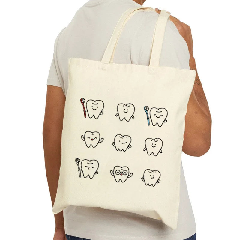 Tooth Dentist Printed Shoulder Bag, Reusable Foldable Shopping Tote Bag Lunch Box Bag Handbag with Wristlet Clutch Bag for Women