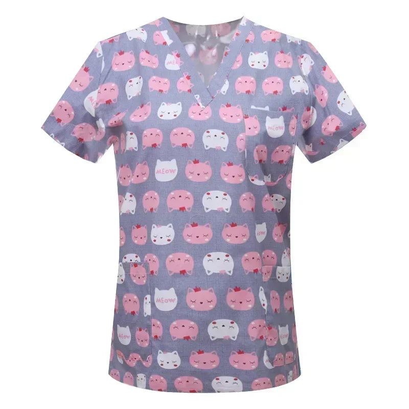 Medical Nurse Uniforms Women Men Print Scrub Shirts&Cap Clinical V-neck Blouse Floral Cartoon Pocket Scrubs Top Beauty Work Wear