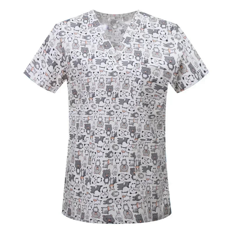 Medical Nurse Uniforms Women Men Print Scrub Shirts&Cap Clinical V-neck Blouse Floral Cartoon Pocket Scrubs Top Beauty Work Wear