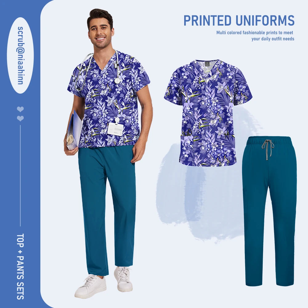 Mens Scrub Nursing Articles Nurse Doctor Work Uniform Unisex Hospital Set High Quality Printed Workwear Veterinary Lab Scrub Set