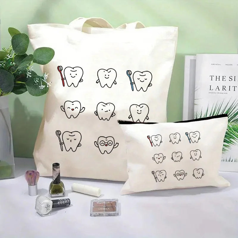 Tooth Dentist Printed Shoulder Bag, Reusable Foldable Shopping Tote Bag Lunch Box Bag Handbag with Wristlet Clutch Bag for Women