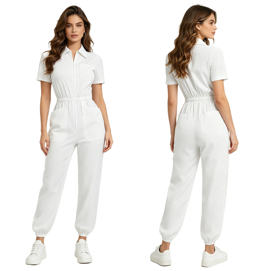 Women Nurse Doctor Esthetician Scrub Jumpsuit Workwear Short Sleeve Multi-pockets Elastic Waist Jogger Rompers Medical Uniform