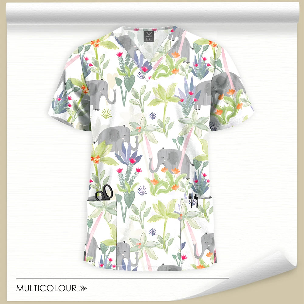 Stretch Cute Cartoon Print Nurse Uniforms Women Men T-shirts Pocket Casual Short Sleeve Pullover V-neck Scrubs Tops Lab Workwear