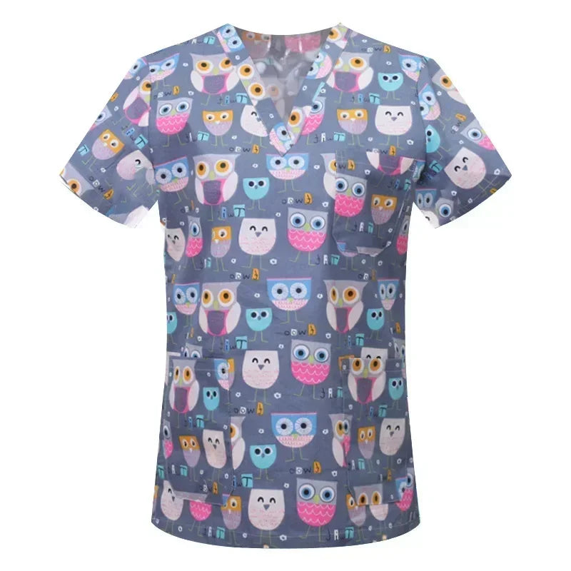 Medical Nurse Uniforms Women Men Print Scrub Shirts&Cap Clinical V-neck Blouse Floral Cartoon Pocket Scrubs Top Beauty Work Wear