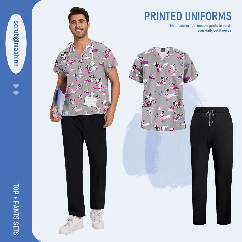 Mens Scrub Nursing Articles Nurse Doctor Work Uniform Unisex Hospital Set High Quality Printed Workwear Veterinary Lab Scrub Set