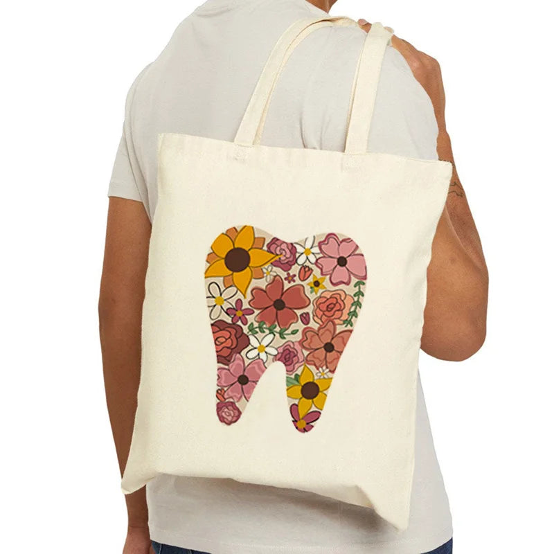 Tooth Dentist Printed Shoulder Bag, Reusable Foldable Shopping Tote Bag Lunch Box Bag Handbag with Wristlet Clutch Bag for Women