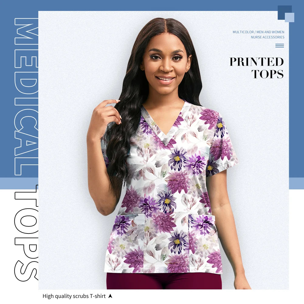 Hospital Nurse Uniforms Women Medical Uniform Print Scrub Top Cotton Dental Clinic Work Clothes Mens Scrubs Short Sleeved Jacket