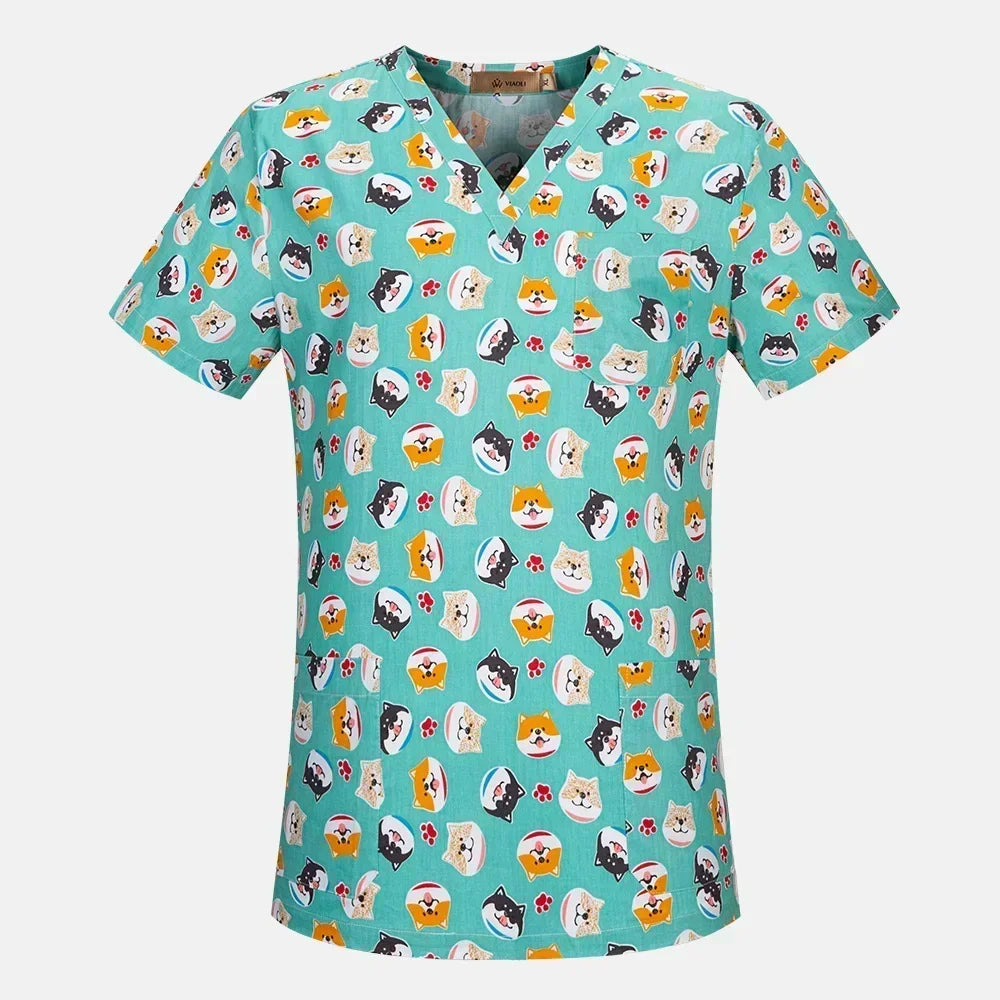 Medical Nurse Uniforms Women Men Print Scrub Shirts&Cap Clinical V-neck Blouse Floral Cartoon Pocket Scrubs Top Beauty Work Wear