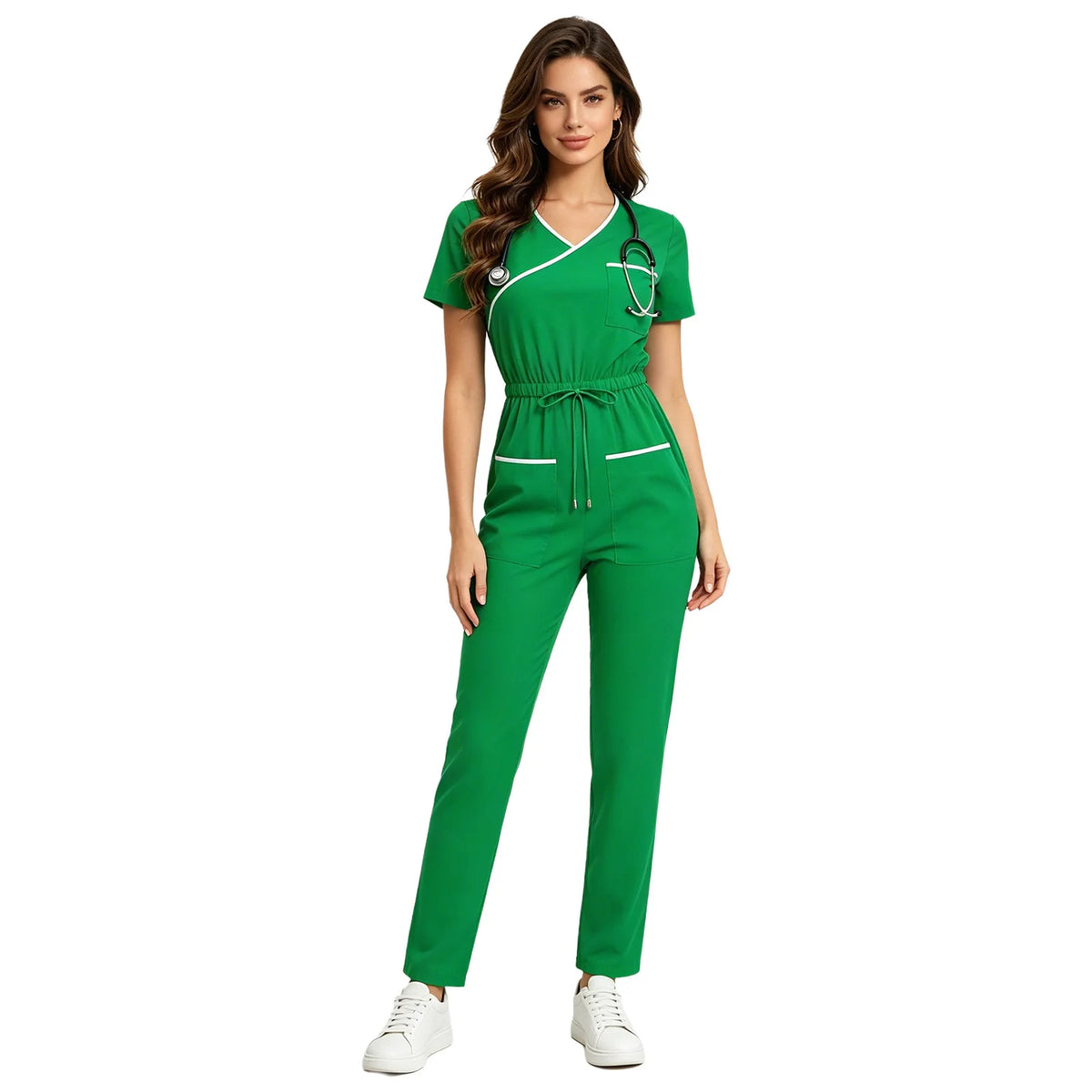 Women Nurse Doctor Esthetician Scrub Jumpsuit Workwear Short Sleeve Multi-pockets Elastic Waist Jogger Rompers Medical Uniform