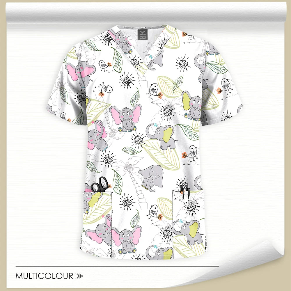 Stretch Cute Cartoon Print Nurse Uniforms Women Men T-shirts Pocket Casual Short Sleeve Pullover V-neck Scrubs Tops Lab Workwear