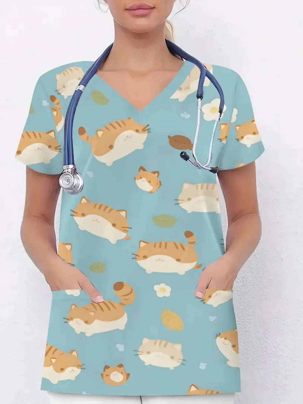 Women's Medical Uniforms Cute Cat Pattern Short Sleeve Top Summer Fashion V-Neck with Pockets Veterinary Surgical Uniforms Woman