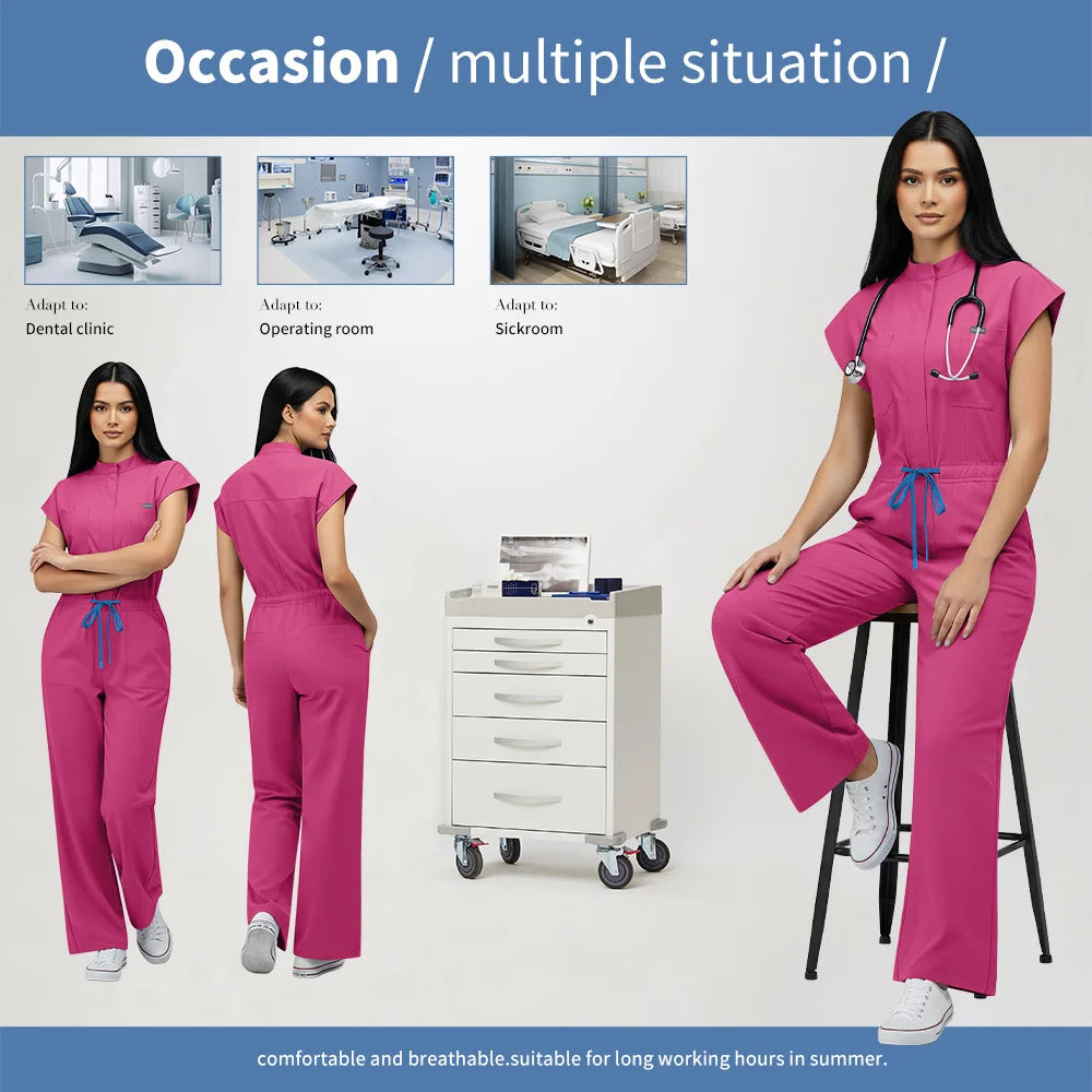 Niaahinn Operating Room Scrub Uniform Full Outfit & Veterinary Nurse Uniform with Bat Sleeve One-Piece Pet Grooming Work Clothes