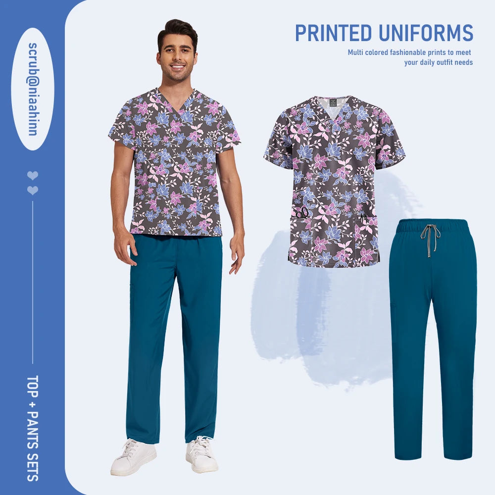 Mens Scrub Nursing Articles Nurse Doctor Work Uniform Unisex Hospital Set High Quality Printed Workwear Veterinary Lab Scrub Set
