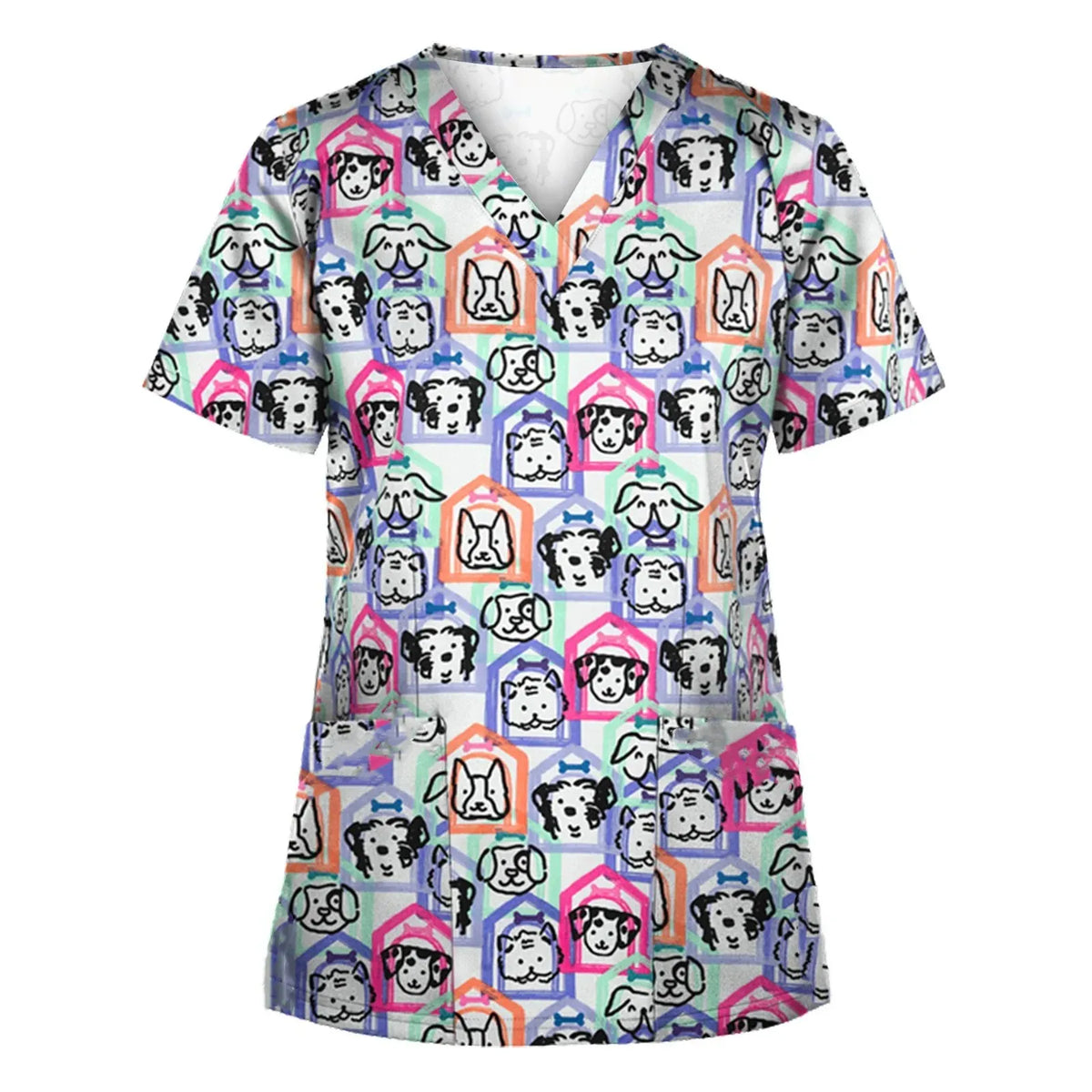 Medical Scrubs for Women Cute Animal Cartoon Print Vet Surgical Uniform Tops Fashion V-Neck Short Sleeve Scrub Pet Medical Woman