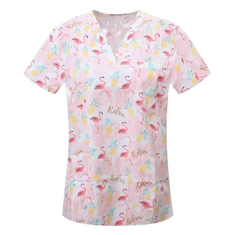 Medical Nurse Uniforms Women Men Print Scrub Shirts&Cap Clinical V-neck Blouse Floral Cartoon Pocket Scrubs Top Beauty Work Wear