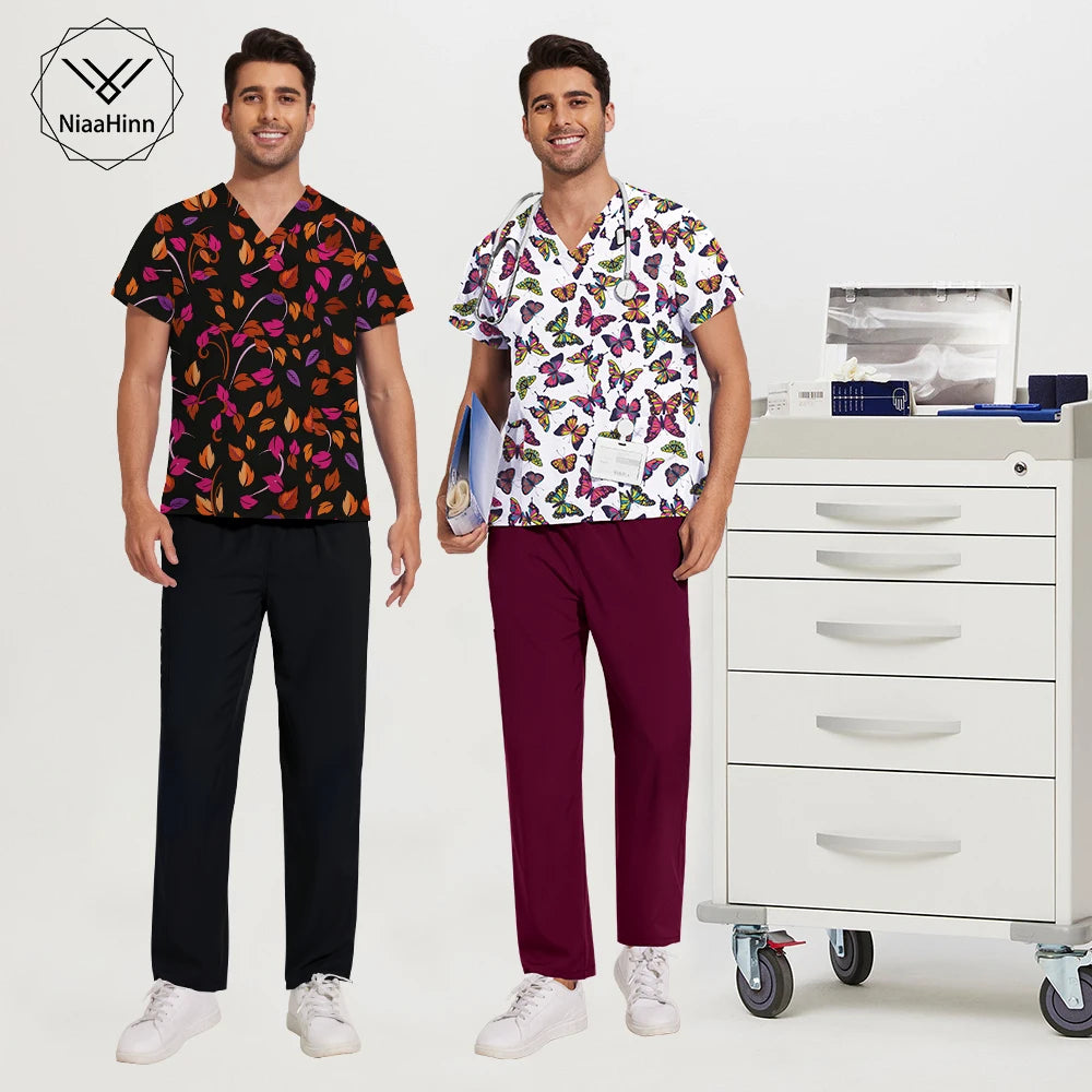 Mens Scrub Nursing Articles Nurse Doctor Work Uniform Unisex Hospital Set High Quality Printed Workwear Veterinary Lab Scrub Set