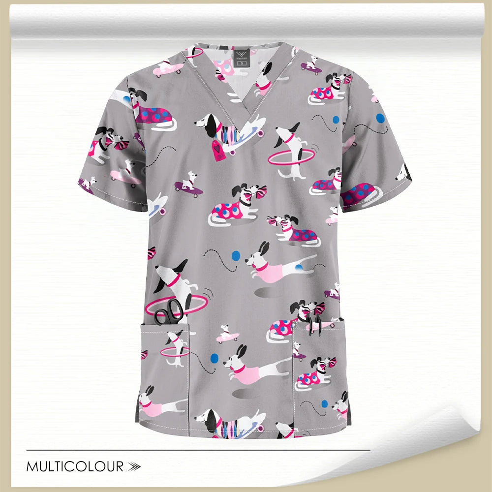 Stretch Cute Cartoon Print Nurse Uniforms Women Men T-shirts Pocket Casual Short Sleeve Pullover V-neck Scrubs Tops Lab Workwear