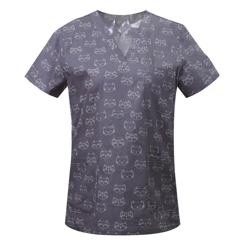 Medical Nurse Uniforms Women Men Print Scrub Shirts&Cap Clinical V-neck Blouse Floral Cartoon Pocket Scrubs Top Beauty Work Wear