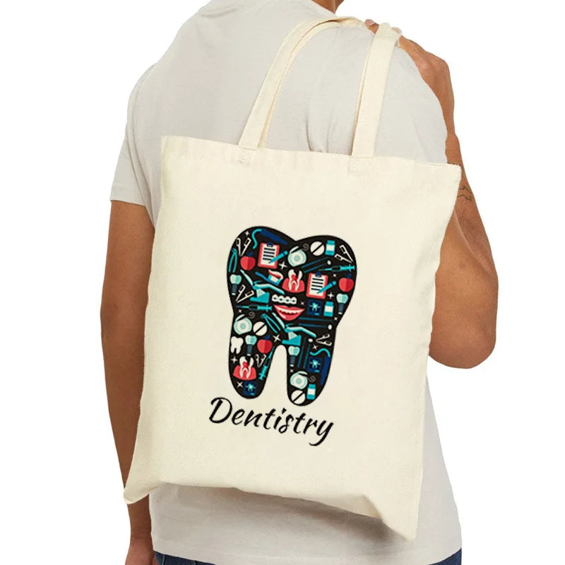 Tooth Dentist Printed Shoulder Bag, Reusable Foldable Shopping Tote Bag Lunch Box Bag Handbag with Wristlet Clutch Bag for Women