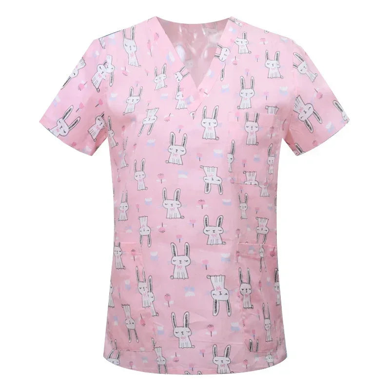 Medical Nurse Uniforms Women Men Print Scrub Shirts&Cap Clinical V-neck Blouse Floral Cartoon Pocket Scrubs Top Beauty Work Wear