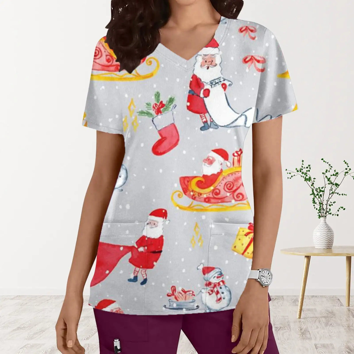 Christmas Medical Scrubs for Women Cartoon Print Dental Nursing Tops Microelastic V-Neck Short Sleeve Top Uniforms Women Medical