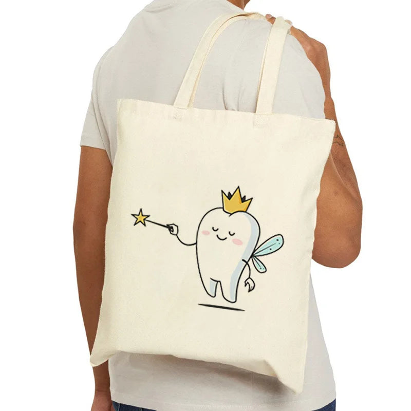 Tooth Dentist Printed Shoulder Bag, Reusable Foldable Shopping Tote Bag Lunch Box Bag Handbag with Wristlet Clutch Bag for Women