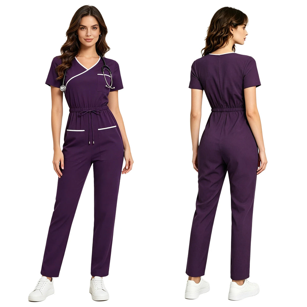 Women Scrubs Jumpsuit with Pockets Short Sleeve Drawstring Elastic Waist Long Pants Back Zipper Rompers for Nurse Doctor Medical