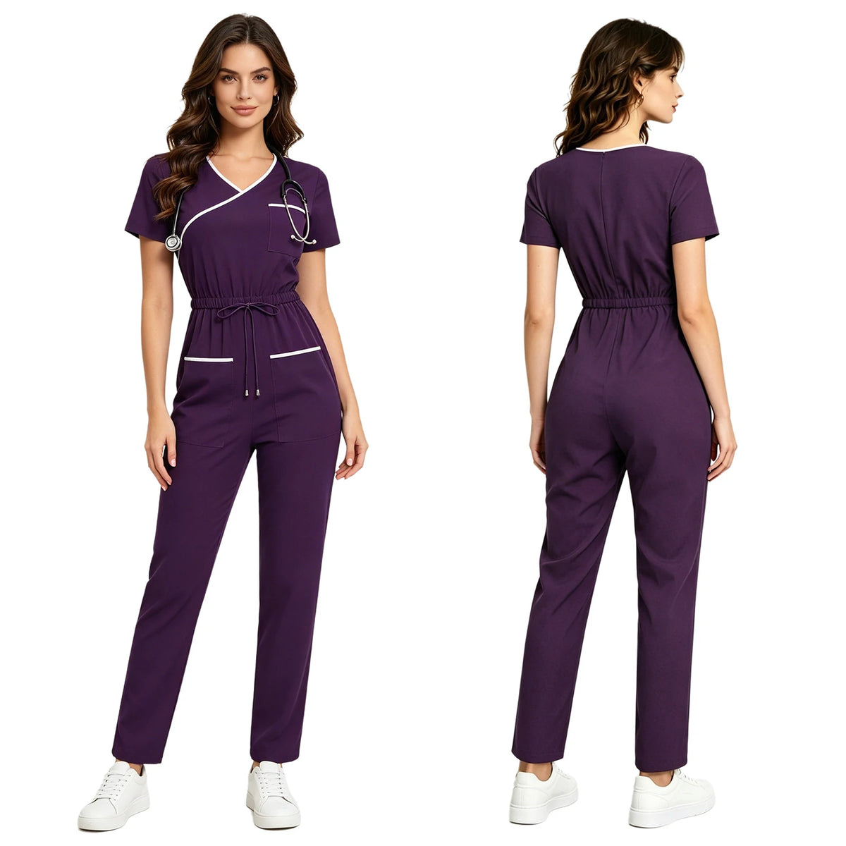 Women Scrubs Jumpsuit with Pockets Short Sleeve Drawstring Elastic Waist Long Pants Back Zipper Rompers for Nurse Doctor Medical