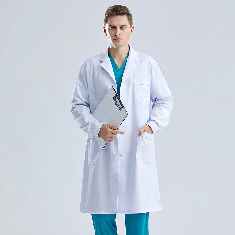 Men WorkwearHospital Clinical Pharmacist  Uniform Long Sleeve White Lab Coat Lapel Collar Button Medical Doctor Blouse Wholesale