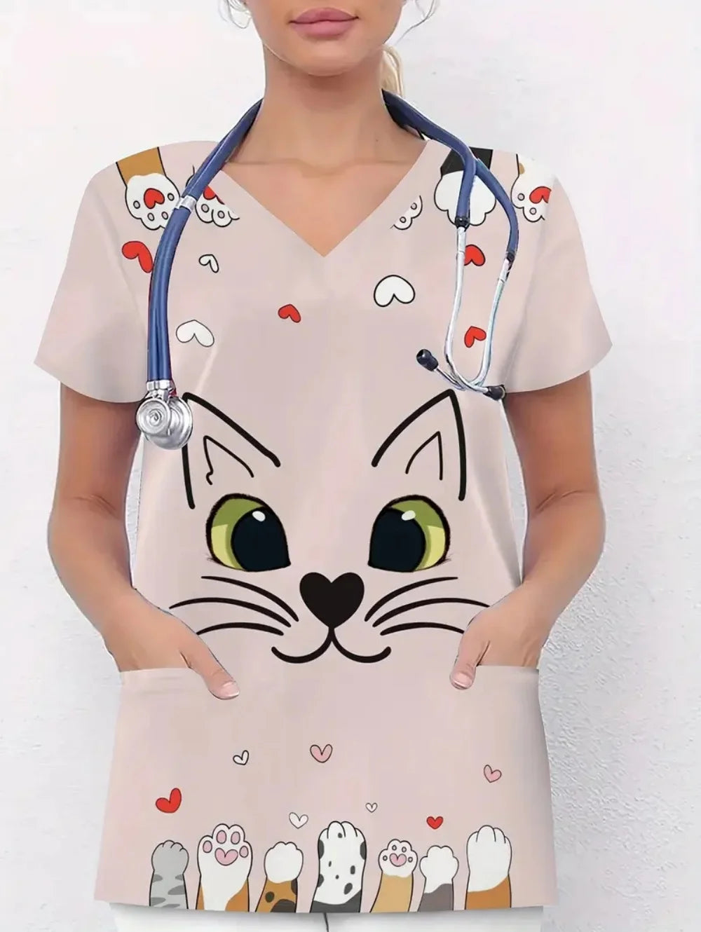 Women's Medical Uniforms Cute Cat Pattern Short Sleeve Top Summer Fashion V-Neck with Pockets Veterinary Surgical Uniforms Woman