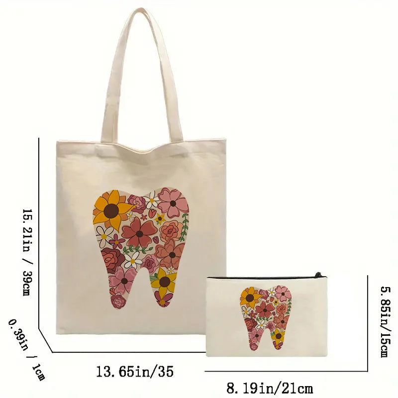 Tooth Dentist Printed Shoulder Bag, Reusable Foldable Shopping Tote Bag Lunch Box Bag Handbag with Wristlet Clutch Bag for Women