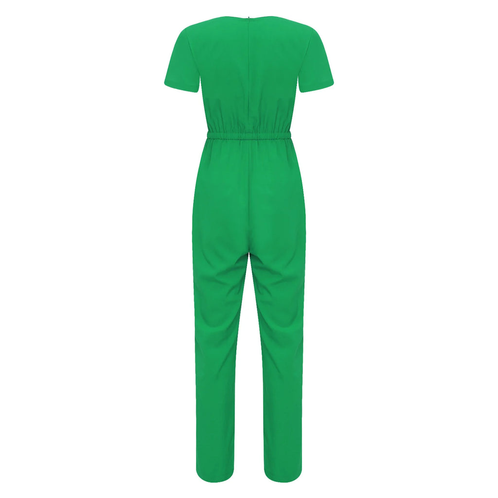 Women Nurse Doctor Esthetician Scrub Jumpsuit Workwear Short Sleeve Multi-pockets Elastic Waist Jogger Rompers Medical Uniform