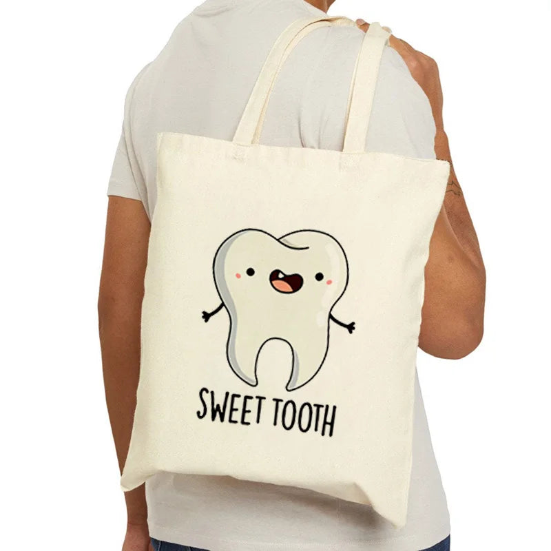 Tooth Dentist Printed Shoulder Bag, Reusable Foldable Shopping Tote Bag Lunch Box Bag Handbag with Wristlet Clutch Bag for Women