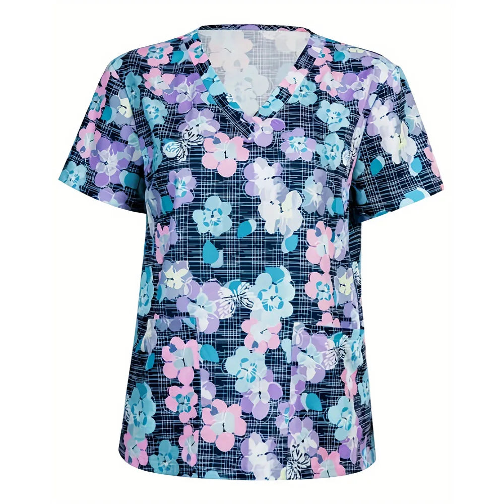 Nurse Uniforms Women Short Sleeve V-neck Floral 3D Print Nursed Working  Uniforms With Pockets Medical Uniforms