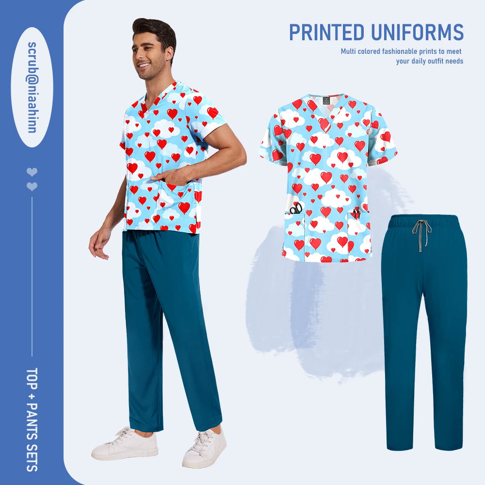 Mens Scrub Nursing Articles Nurse Doctor Work Uniform Unisex Hospital Set High Quality Printed Workwear Veterinary Lab Scrub Set