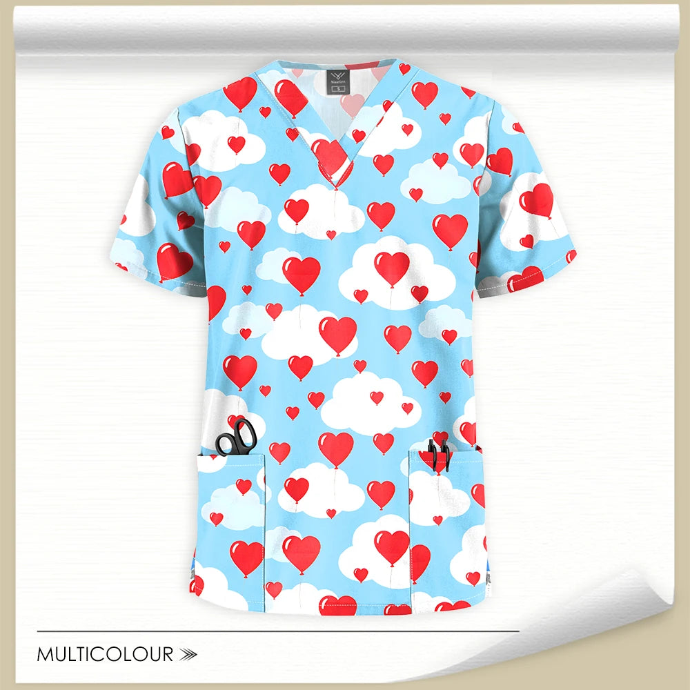 Stretch Cute Cartoon Print Nurse Uniforms Women Men T-shirts Pocket Casual Short Sleeve Pullover V-neck Scrubs Tops Lab Workwear